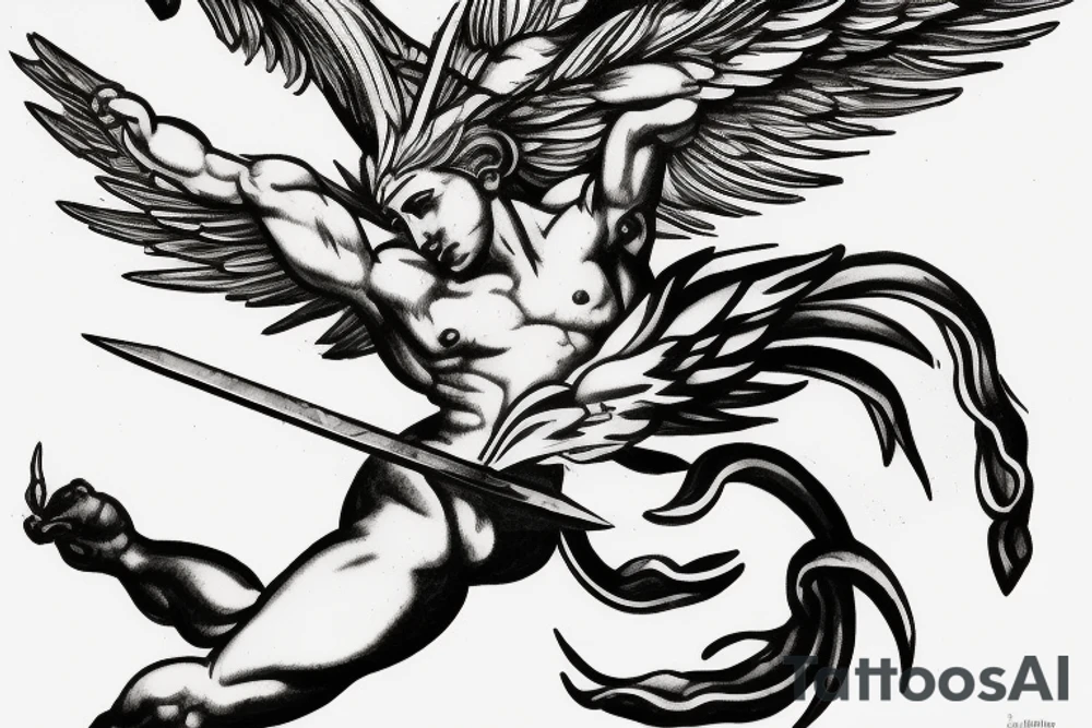 one lightning, falling icarus, phoenix, war, sword,, success, Michelangelo style, courage, fight, power, sharp black lines, maximalist, HD, lightning, strike tattoo idea