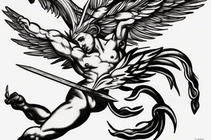 one lightning, falling icarus, phoenix, war, sword,, success, Michelangelo style, courage, fight, power, sharp black lines, maximalist, HD, lightning, strike tattoo idea
