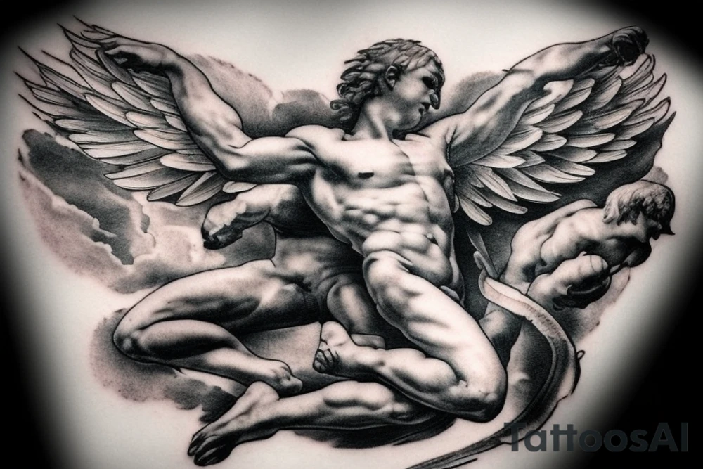 one lightning, falling icarus, phoenix, war, sword,, success, Michelangelo style, courage, fight, power, sharp black lines, maximalist, HD, lightning, strike tattoo idea