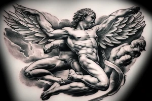 one lightning, falling icarus, phoenix, war, sword,, success, Michelangelo style, courage, fight, power, sharp black lines, maximalist, HD, lightning, strike tattoo idea