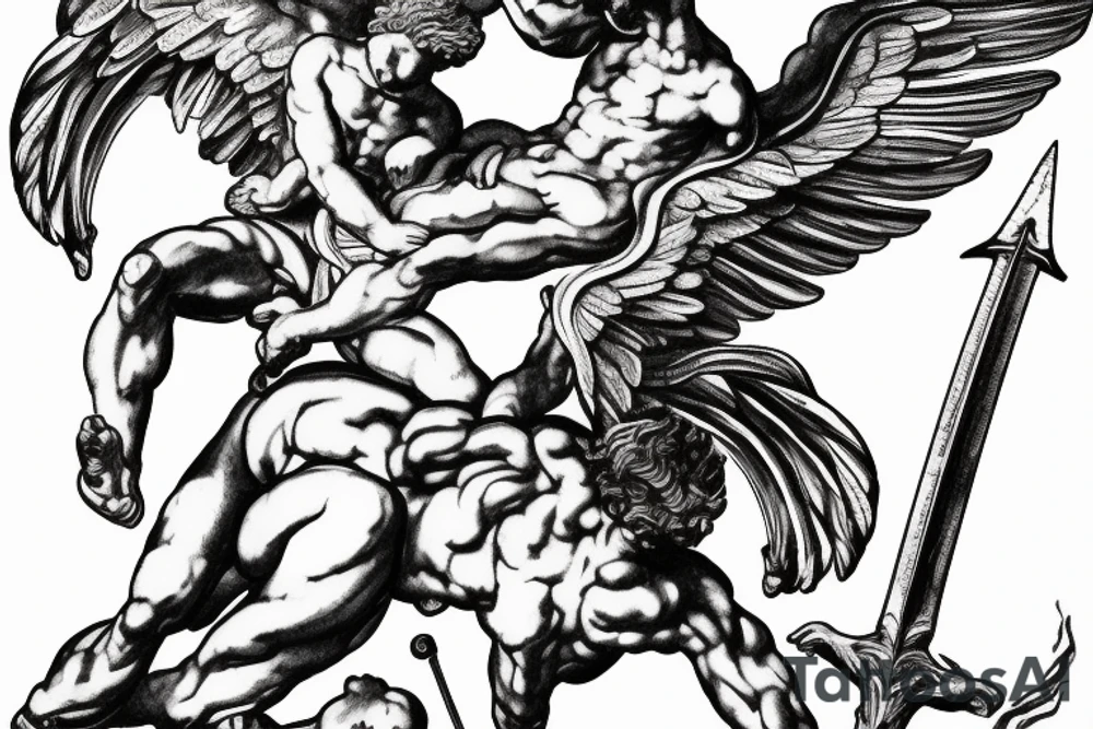 one lightning, falling icarus, phoenix, war, sword,, success, Michelangelo style, courage, fight, power, sharp black lines, maximalist, HD, lightning, strike tattoo idea