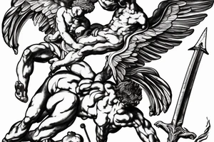 one lightning, falling icarus, phoenix, war, sword,, success, Michelangelo style, courage, fight, power, sharp black lines, maximalist, HD, lightning, strike tattoo idea