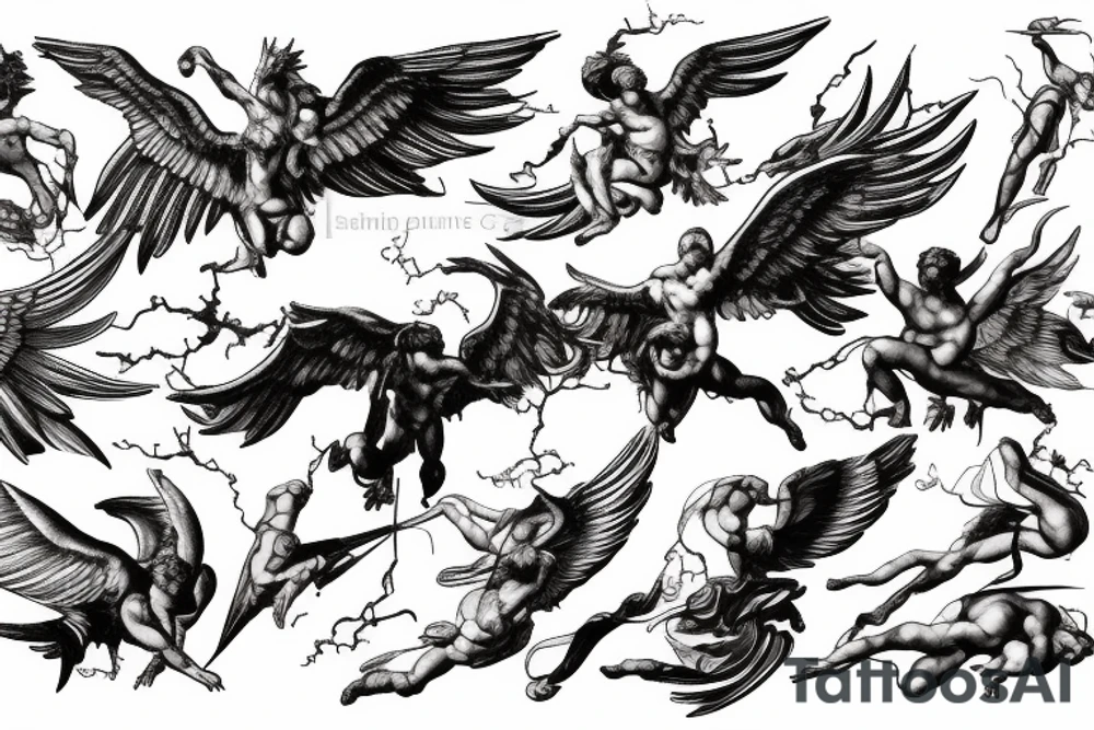 one lightning, falling icarus, phoenix, war, sword,, success, Michelangelo style, courage, fight, power, sharp black lines, maximalist, HD, lightning, strike tattoo idea