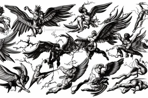 one lightning, falling icarus, phoenix, war, sword,, success, Michelangelo style, courage, fight, power, sharp black lines, maximalist, HD, lightning, strike tattoo idea