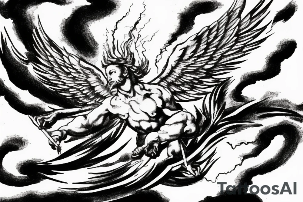 one lightning, falling icarus, phoenix, war, sword,, success, Michelangelo style, courage, fight, power, sharp black lines, maximalist, HD, lightning, strike tattoo idea