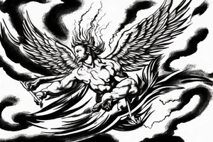 one lightning, falling icarus, phoenix, war, sword,, success, Michelangelo style, courage, fight, power, sharp black lines, maximalist, HD, lightning, strike tattoo idea