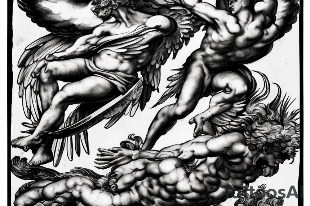 one lightning, falling icarus, phoenix, war, sword,, success, Michelangelo style, courage, fight, power, sharp black lines, maximalist, HD, lightning, strike tattoo idea