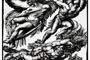 one lightning, falling icarus, phoenix, war, sword,, success, Michelangelo style, courage, fight, power, sharp black lines, maximalist, HD, lightning, strike tattoo idea