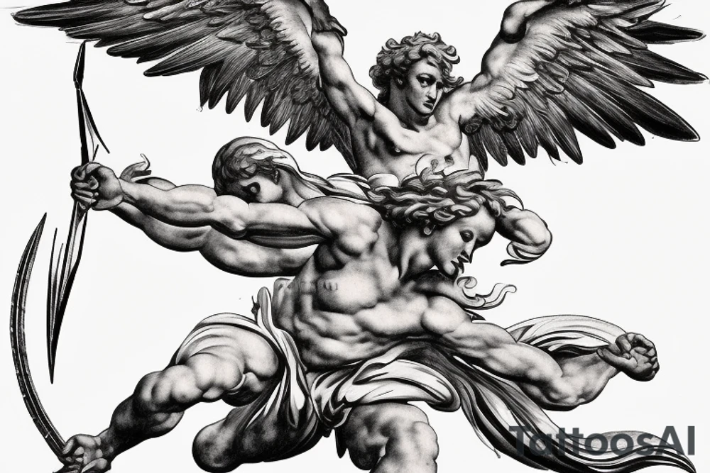 one lightning, falling icarus, phoenix, war, sword,, success, Michelangelo style, courage, fight, power, sharp black lines, maximalist, HD, lightning, strike tattoo idea
