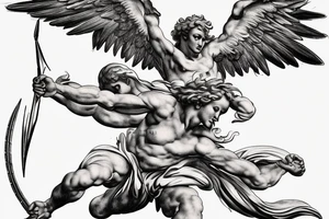 one lightning, falling icarus, phoenix, war, sword,, success, Michelangelo style, courage, fight, power, sharp black lines, maximalist, HD, lightning, strike tattoo idea