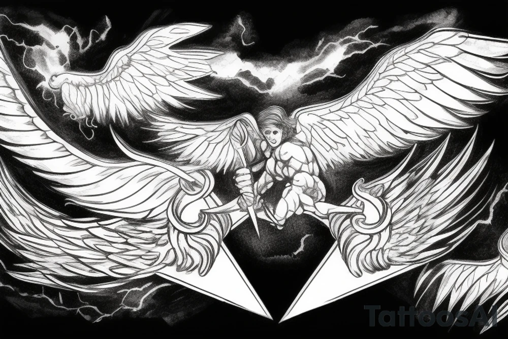 one lightning, falling icarus, phoenix, war, sword,, success, Michelangelo style, courage, fight, power, sharp black lines, maximalist, HD, lightning, strike tattoo idea