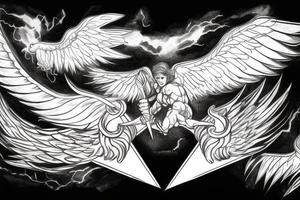 one lightning, falling icarus, phoenix, war, sword,, success, Michelangelo style, courage, fight, power, sharp black lines, maximalist, HD, lightning, strike tattoo idea