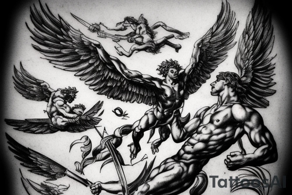 one lightning, falling icarus, phoenix, war, sword,, success, Michelangelo style, courage, fight, power, sharp black lines, maximalist, HD, lightning, strike tattoo idea