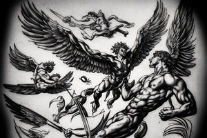 one lightning, falling icarus, phoenix, war, sword,, success, Michelangelo style, courage, fight, power, sharp black lines, maximalist, HD, lightning, strike tattoo idea