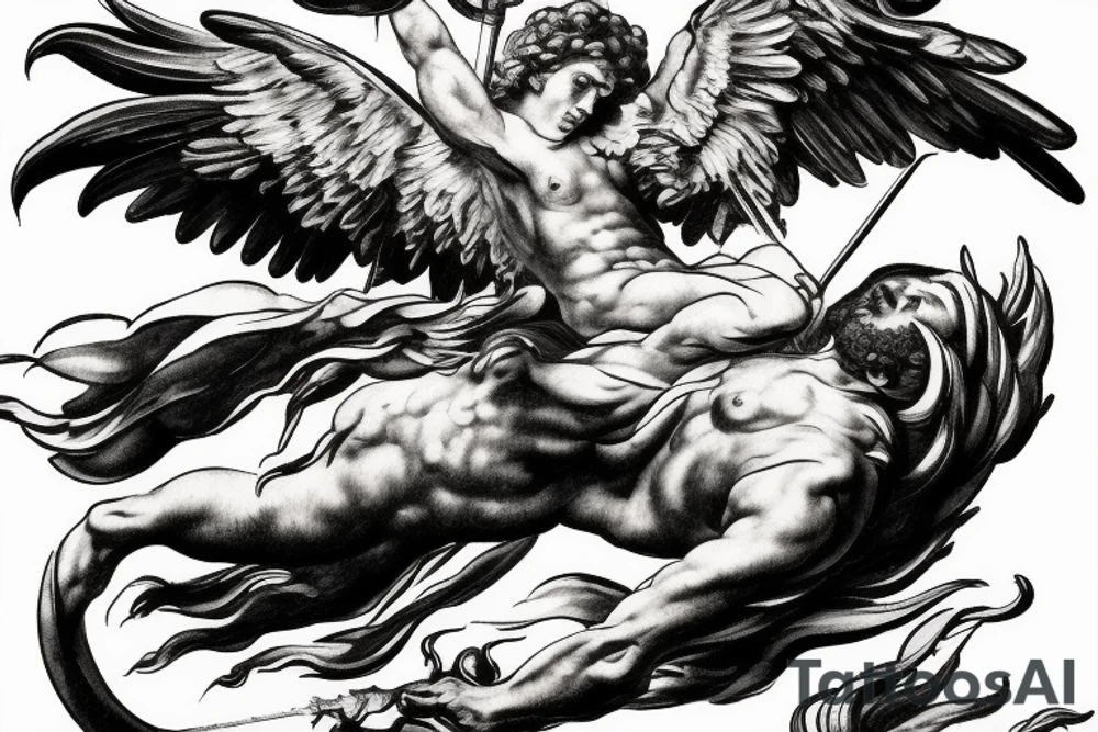 one lightning, falling icarus, phoenix, war, sword,, success, Michelangelo style, courage, fight, power, sharp black lines, maximalist, HD, lightning, strike tattoo idea