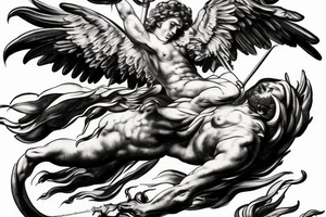 one lightning, falling icarus, phoenix, war, sword,, success, Michelangelo style, courage, fight, power, sharp black lines, maximalist, HD, lightning, strike tattoo idea