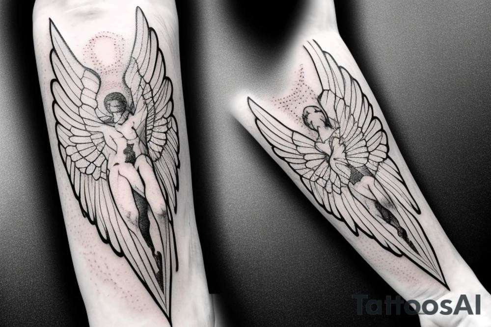 one lightning, falling icarus, phoenix, war, sword,, success, Michelangelo style, courage, fight, power, sharp black lines, maximalist, HD, lightning, strike tattoo idea