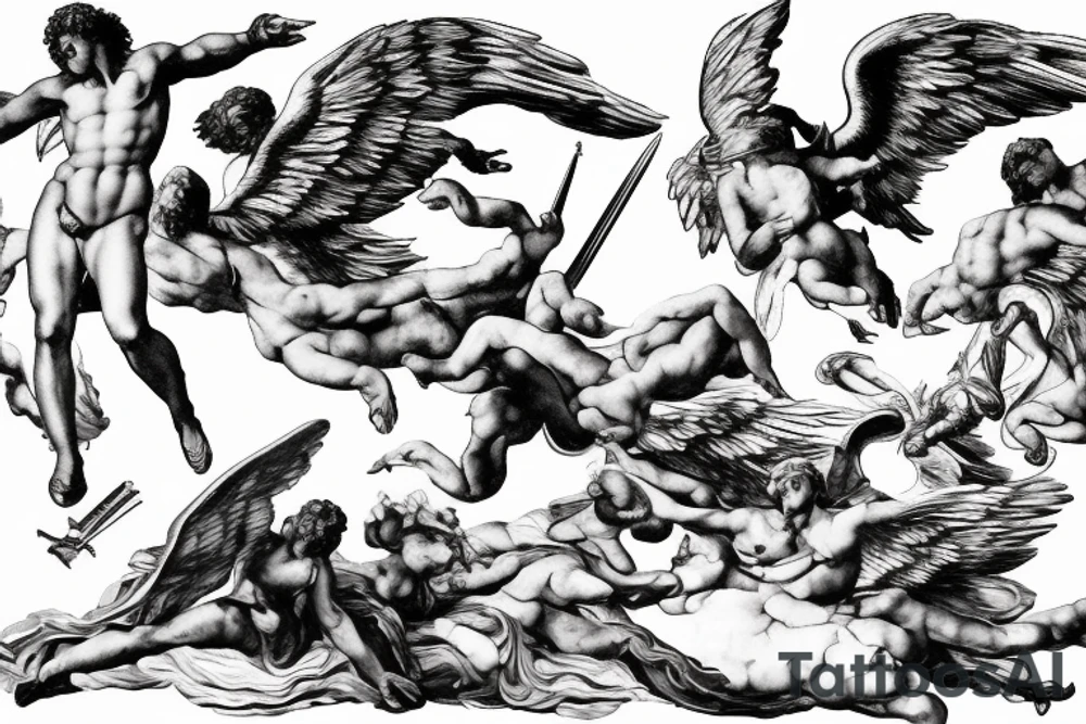 one lightning, falling icarus, phoenix, war, sword,, success, Michelangelo style, courage, fight, power, sharp black lines, maximalist, HD, lightning, strike tattoo idea