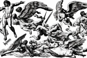 one lightning, falling icarus, phoenix, war, sword,, success, Michelangelo style, courage, fight, power, sharp black lines, maximalist, HD, lightning, strike tattoo idea