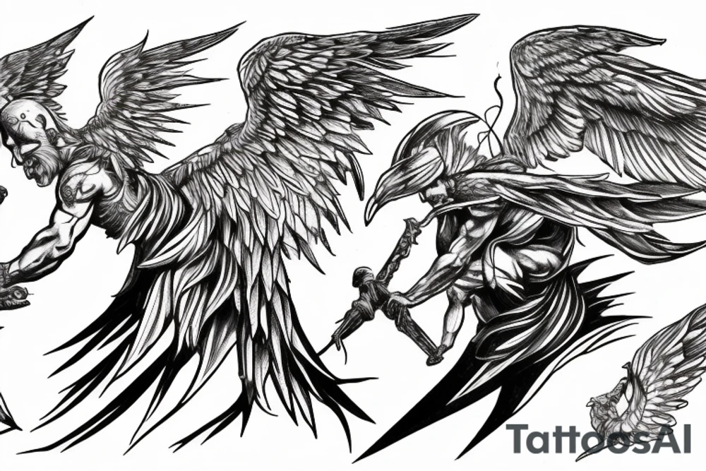 one lightning, falling icarus, phoenix, war, sword,, success, Michelangelo style, courage, fight, power, sharp black lines, maximalist, HD, lightning, strike tattoo idea