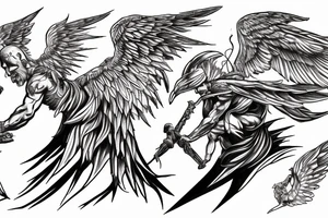 one lightning, falling icarus, phoenix, war, sword,, success, Michelangelo style, courage, fight, power, sharp black lines, maximalist, HD, lightning, strike tattoo idea