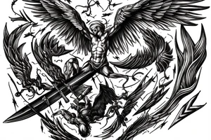 one lightning, falling icarus, phoenix, war, sword,, success, Michelangelo style, courage, fight, power, sharp black lines, maximalist, HD, lightning, strike tattoo idea