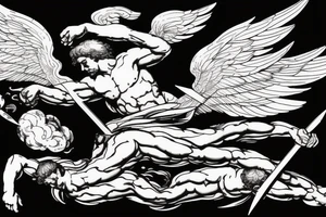 one lightning, falling icarus, phoenix, war, sword,, success, Michelangelo style, courage, fight, power, sharp black lines, maximalist, HD, lightning, strike tattoo idea