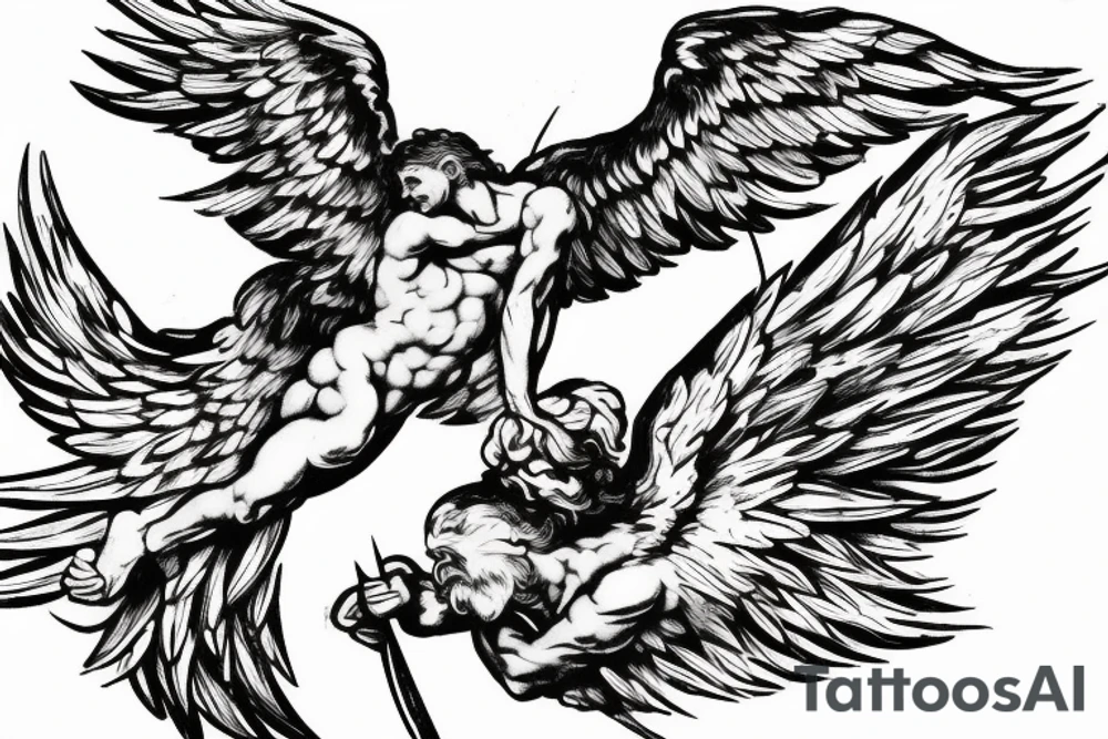 one lightning, falling icarus, phoenix, war, sword,, success, Michelangelo style, courage, fight, power, sharp black lines, maximalist, HD, lightning, strike tattoo idea