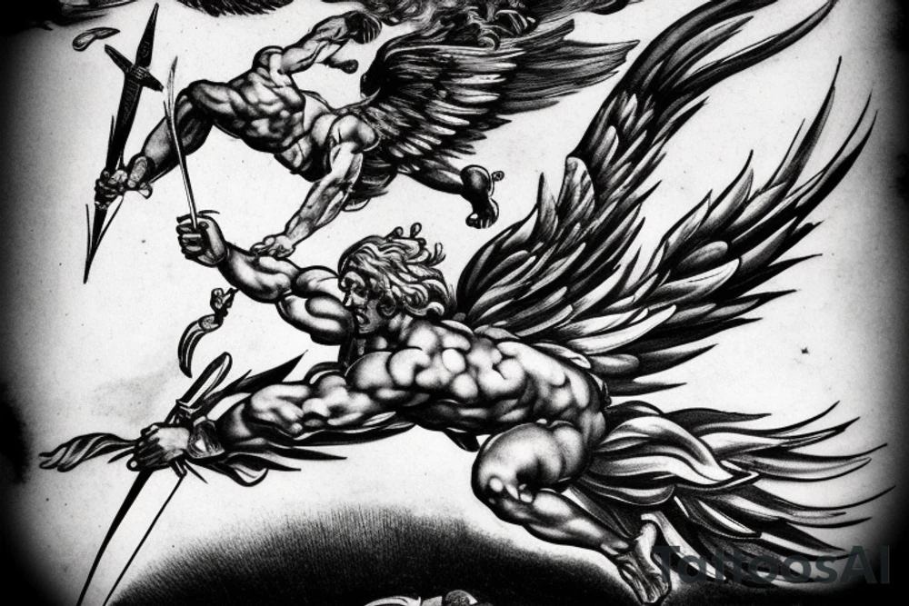 one lightning, falling icarus, phoenix, war, sword,, success, Michelangelo style, courage, fight, power, sharp black lines, maximalist, HD, lightning, strike tattoo idea