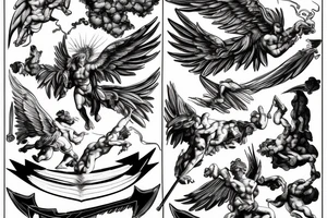 one lightning, falling icarus, phoenix, war, sword,, success, Michelangelo style, courage, fight, power, sharp black lines, maximalist, HD, lightning, strike tattoo idea