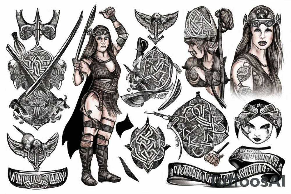Viking warrior woman holding baby tattoo idea