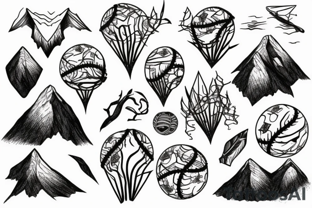 Mountains with vines and trees and baseballs tattoo idea