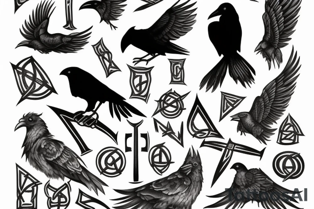 raven with Viking runes tattoo idea