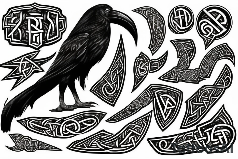 big raven with Viking runes tattoo idea