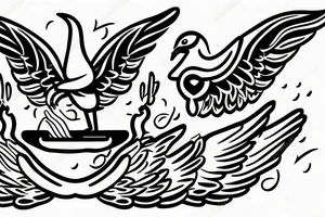 Five eyed bird with unfurled wings and a faceless person holding it in the palm of their hand tattoo idea
