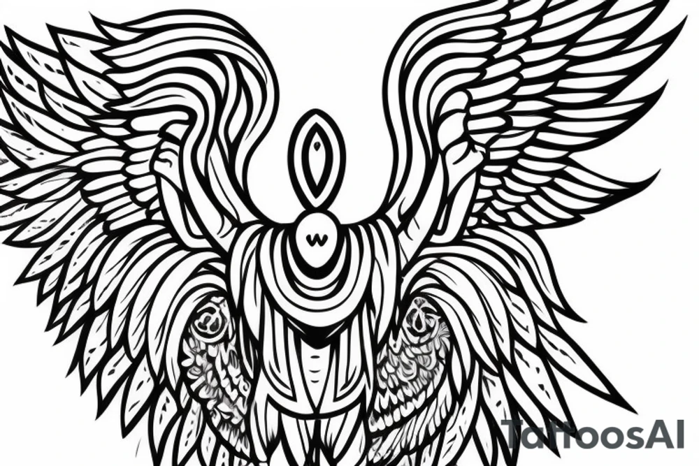 Five eyed bird with unfurled wings and a faceless person holding it in the palm of their hand tattoo idea