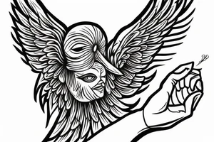 Five eyed bird with unfurled wings and a faceless person holding it in the palm of their hand tattoo idea