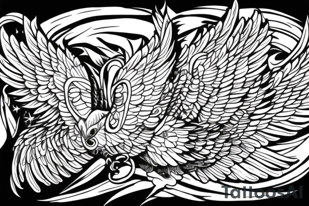 Five eyed bird with unfurled wings and a faceless person holding it in the palm of their hand tattoo idea