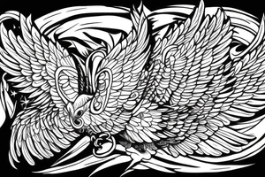 Five eyed bird with unfurled wings and a faceless person holding it in the palm of their hand tattoo idea