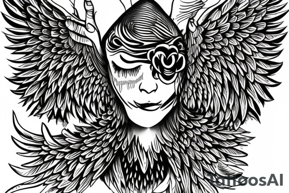 Five eyed bird with unfurled wings and a faceless person holding it in the palm of their hand tattoo idea