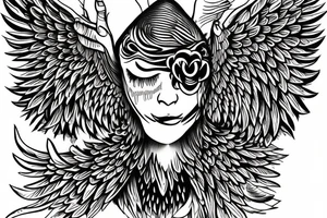 Five eyed bird with unfurled wings and a faceless person holding it in the palm of their hand tattoo idea