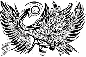 Five eyed bird with unfurled wings and a faceless person holding it in the palm of their hand tattoo idea