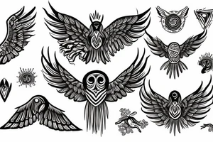 Five eyed bird with unfurled wings and a faceless person holding it in the palm of their hand tattoo idea