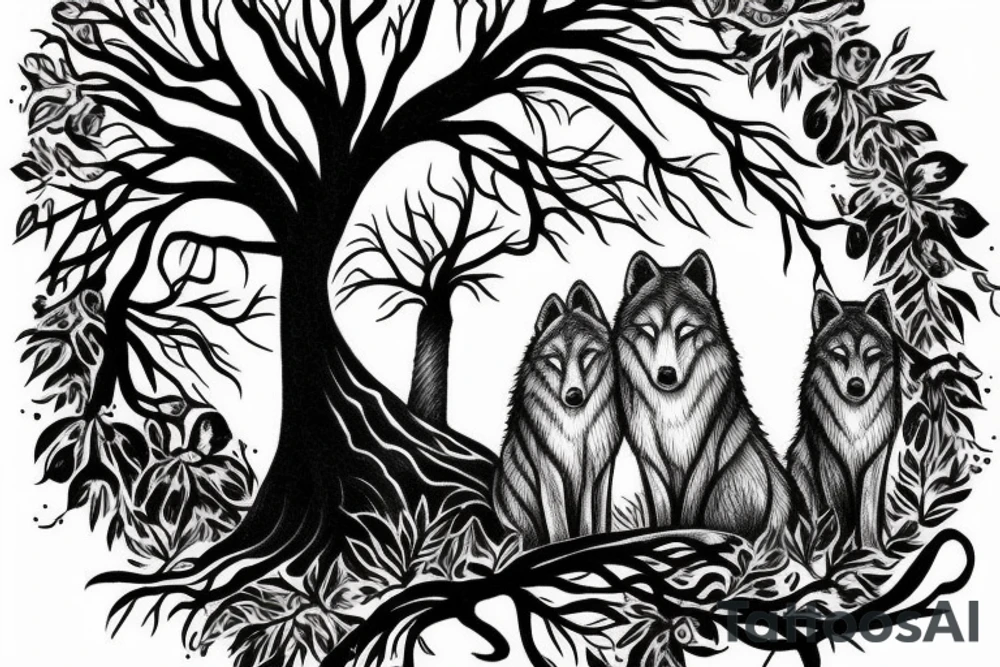 Tree with two wolfs at base, one asleep one awake tattoo idea
