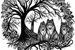 Tree with two wolfs at base, one asleep one awake tattoo idea