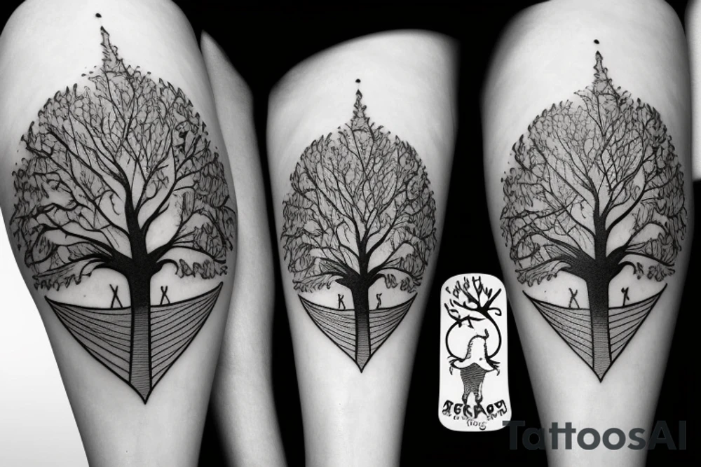 Tree with two wolfs at base, one asleep one awake tattoo idea