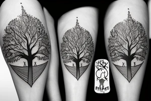 Tree with two wolfs at base, one asleep one awake tattoo idea