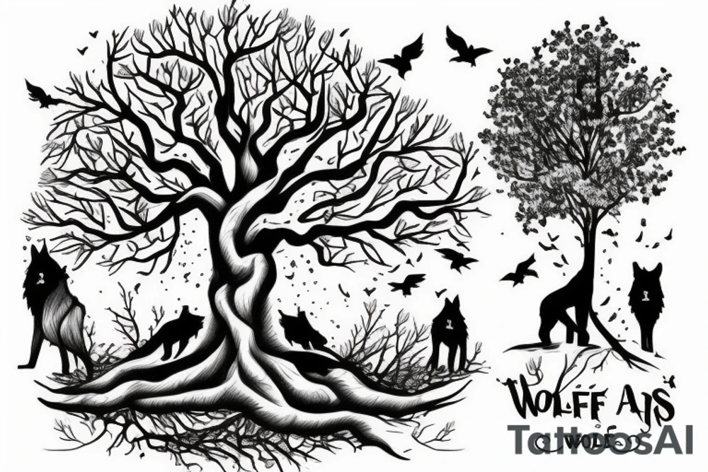Tree with two wolfs at base, one asleep one awake tattoo idea