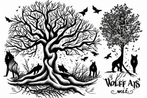 Tree with two wolfs at base, one asleep one awake tattoo idea