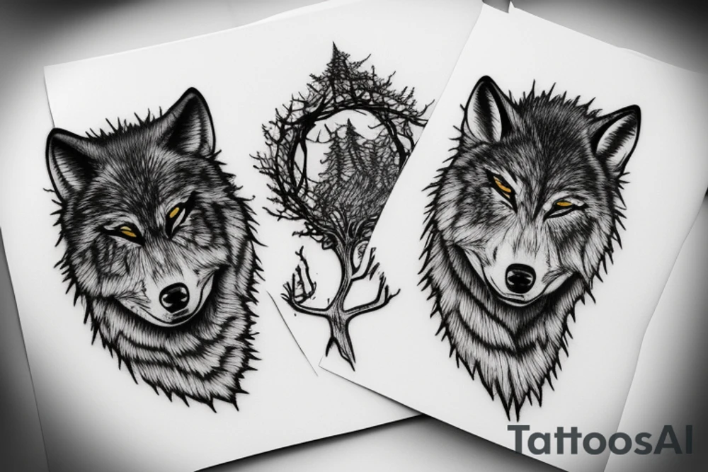 Tree with two wolfs at base, one asleep one awake tattoo idea